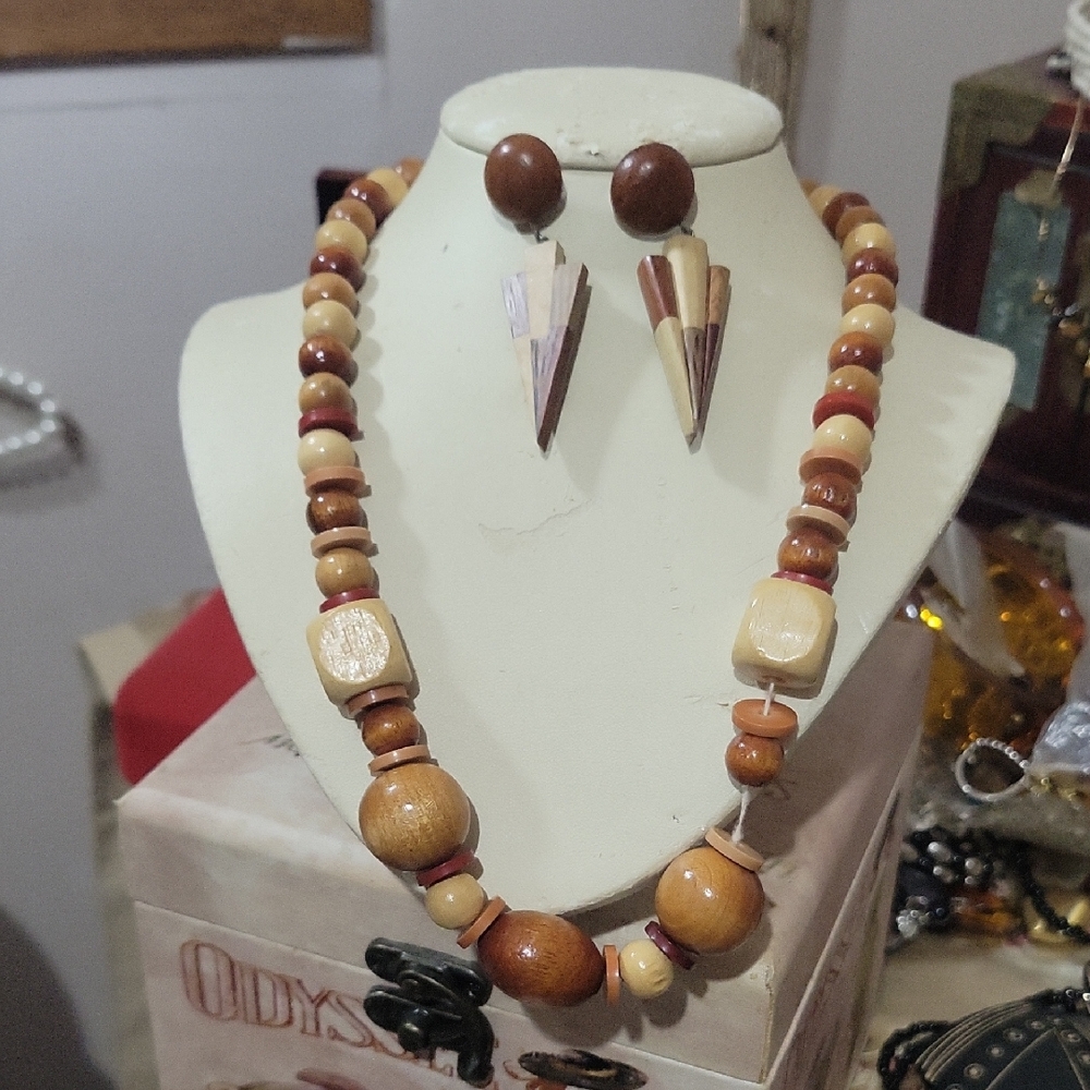 Wooden Bead Necklace and Earring Set